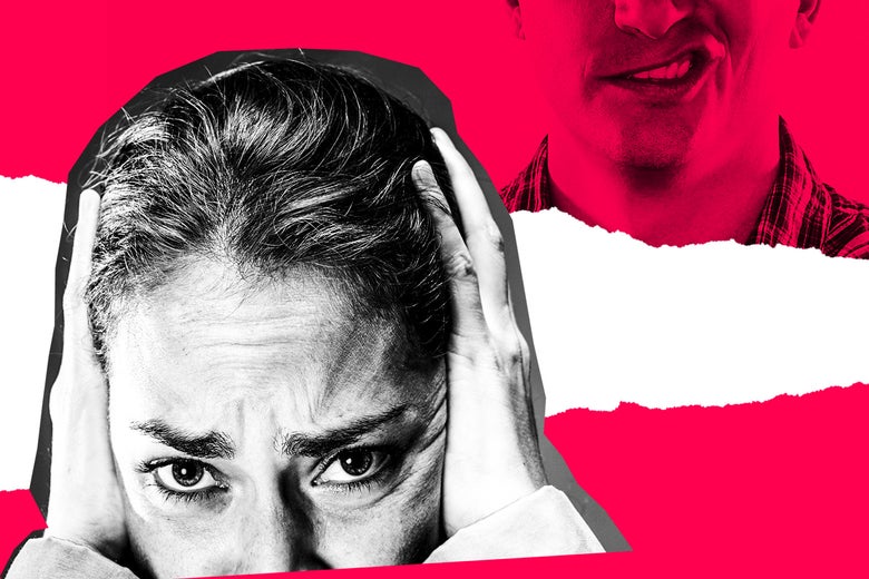 A young woman covers her ears as an older man snarls behind her.
